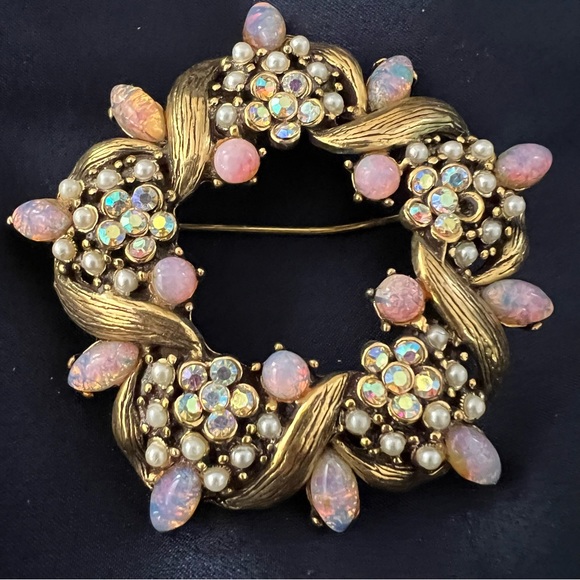 Vintage Hollycraft Gold tone  Fire Opal Beautiful Opal & Rhinestone Brooch - Picture 7 of 7